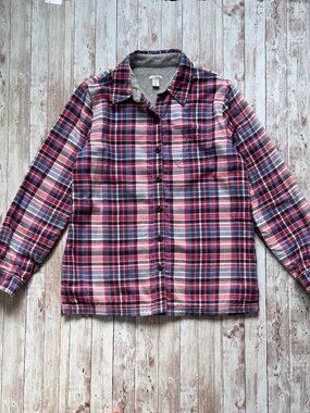 L.L Bean Scotch Plaid Sherpa Shirt sz Small Lined Flannel Long Sleeve Fleece Red